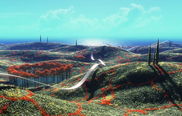 Picture road, the sky, trees, hills, woman, tape, over the hills