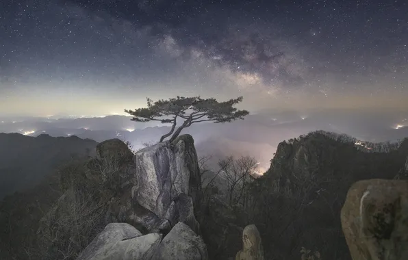 Mountains, night, fog, stones, rocks, dal, The milky way, haze