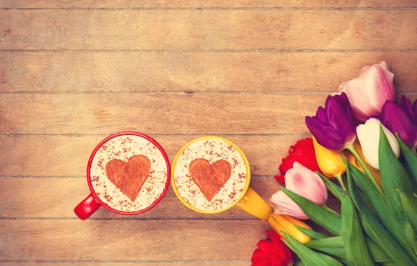 Picture flowers, heart, colorful, tulips, heart, wood, cup, romantic
