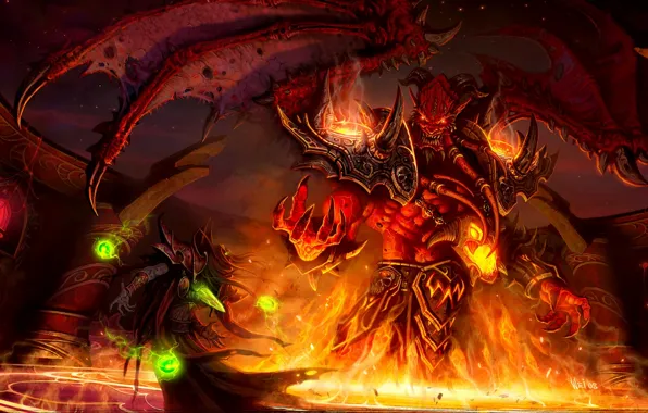 Picture fire, magic, elf, wings, monster, the demon, battle, wow