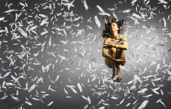 Girl, flight, feathers
