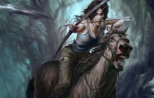 Picture girl, horse, speed, bow, running, arrow, lara croft, tomb raider