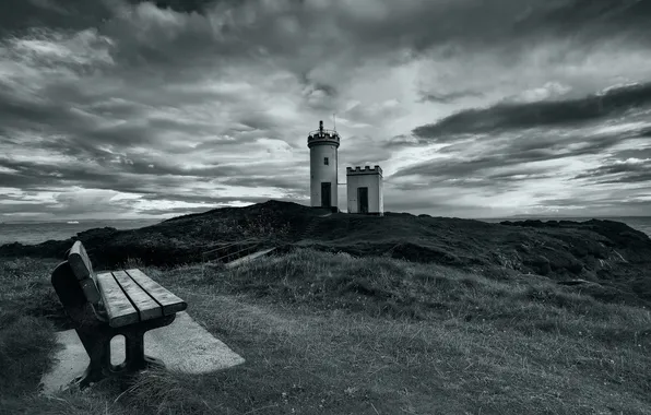 Picture sea, landscape, lighthouse, bench