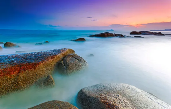 Sea, the sky, clouds, sunset, stones, rocks