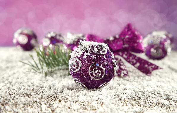 Picture winter, balls, snow, patterns, toys, New Year, Christmas, purple