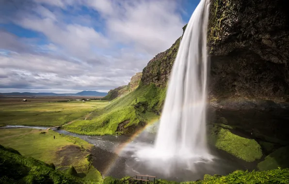 Greens, water, bridge, river, rocks, people, waterfall, rainbow