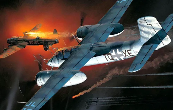 Night, fire, war, figure, Germany, night fighter, Focke-Wulf, Moskito