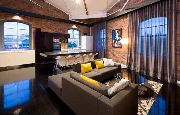 Style, interior, kitchen, living room, loft, Woolstore Apartment