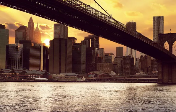 The sun, sunset, building, new York, new york, Brooklyn bridge, brooklyn bridge