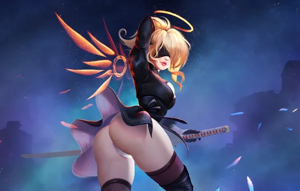 Ass, girl, feet, skirt, sword, katana, dress, ass