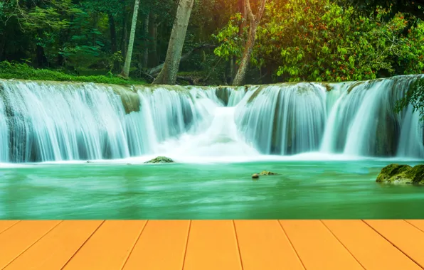 Landscape, nature, rocks, shore, vegetation, waterfall