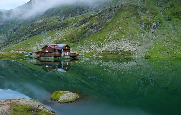 Greens, water, mountains, fog, lake, reflection, stones, rocks