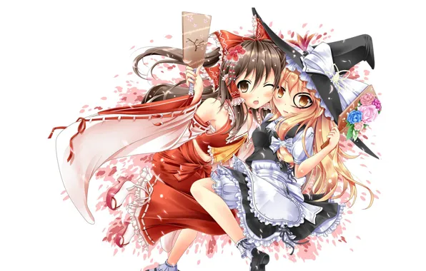 Bow, priestess, wink, ruffles, cherry blossoms, witch hat, Hakurei Reimu, Touhou Project