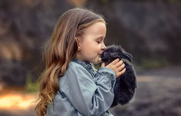 Animal, kiss, rabbit, dress, girl, child, pet, Victoria Dubrovskaya