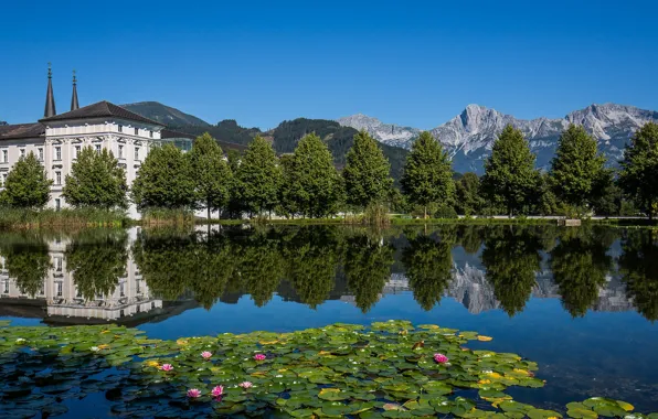 Picture trees, mountains, reflection, river, Austria, Alps, the monastery, Austria