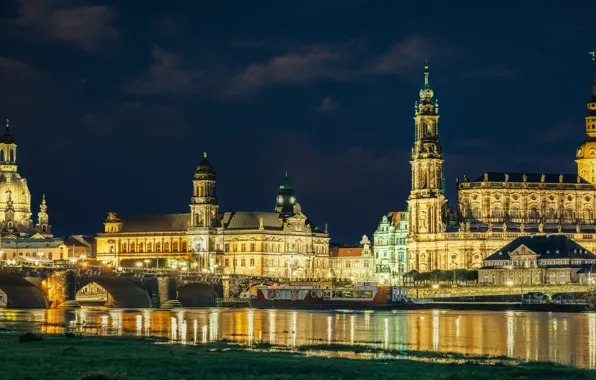 Bridge, river, building, Germany, Dresden, Church, architecture, night city