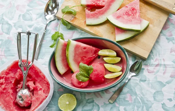 Picture summer, food, watermelon, lime, Board, fruit, sweet, spoon