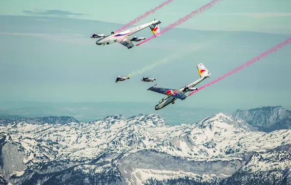 Winter, snow, mountains, aircraft, parachute, container, Red Bull, pilots
