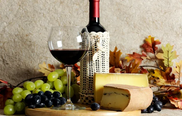 Autumn, leaves, red, wine, glass, bottle, cheese, grapes