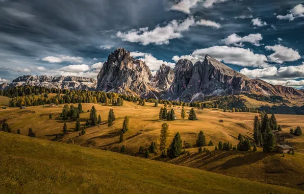 Clouds, trees, mountains, valley, Italy, Italy, The Dolomites, Dolomites