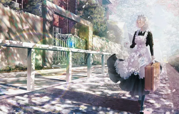 Letter, fence, gate, suitcase, the sidewalk, uniform, Sunny day, the maid