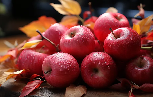 Autumn, leaves, light, the dark background, table, apples, red, fruit