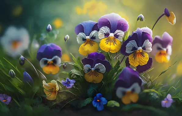 Flowers, spring, yellow, purple, painting, Pansy, bokeh, Bush