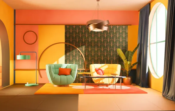Design, interior, chairs, living room, warm colors, round window, 3d model, art deco style