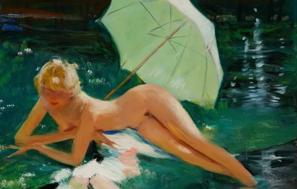 Picture umbrella, blonde, Modern, Jean-Gabriel Domergue, Nude by the water