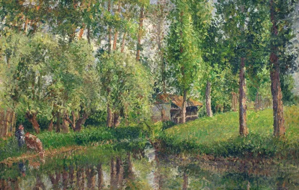 Wallpaper Camille Pissarro, Place Laundry in Basankusu, landscape, picture