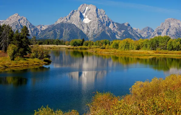 Autumn, forest, the sky, snow, trees, mountains, river
