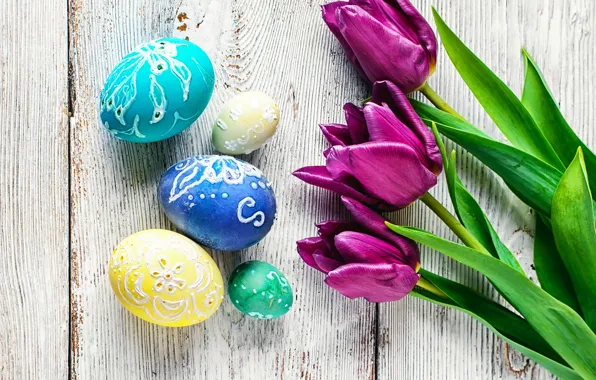 Flowers, eggs, colorful, Easter, tulips, happy, flowers, tulips