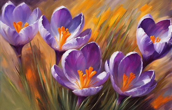 Flowers, spring, crocuses, painting, lilac, imitation painting, AI art, neural network