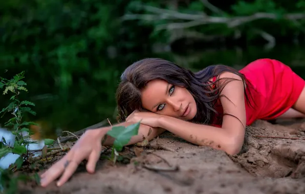 Picture look, girl, face, pose, river, hands, brunette, red dress