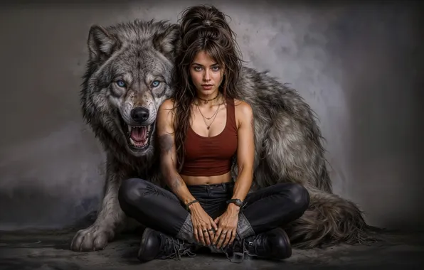 Picture girl, wolf, AI art