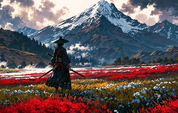 Picture forest, nature, flowers, mountains, clouds, katana, samurai, digital art