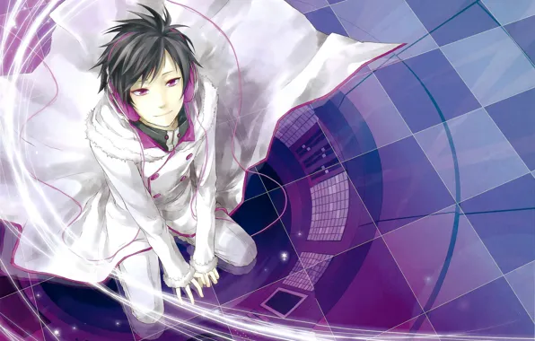Headphones, fur, cloak, sitting, looking up, Durarara, Izaya Orihara, The headless horseman