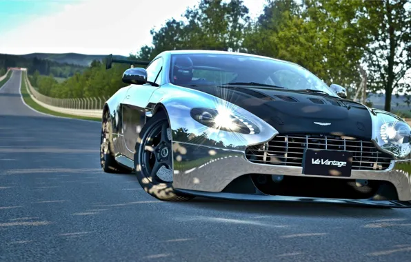 Road, trees, nature, Aston Martin, lights, Vantage, racer
