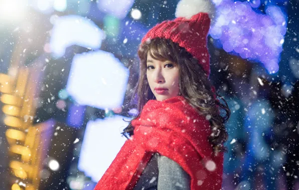 Picture look, snow, hat, scarf, Asian