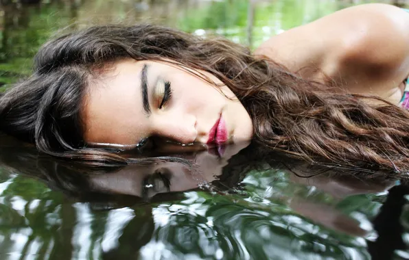 Picture water, girl, face, eyelashes, reflection, hair, makeup