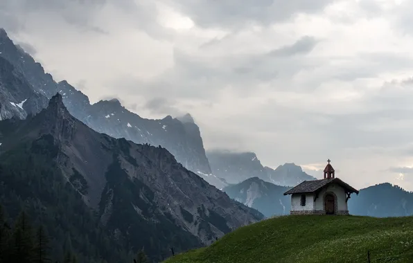 Picture landscape, mountains, chapel
