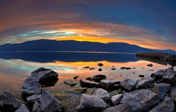Picture sunset, water, lake, rocks
