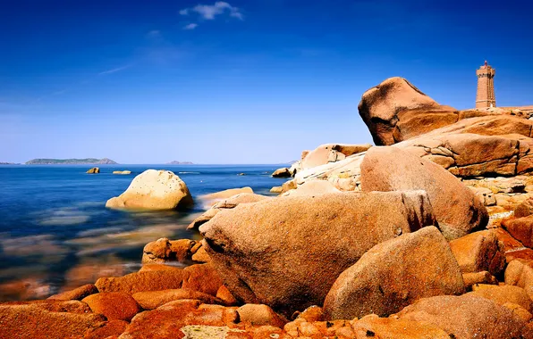 Sea, the sky, stones, rocks, lighthouse, island, tower