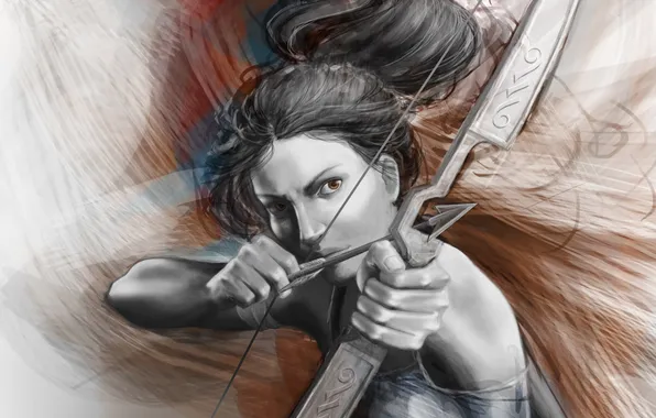 Eyes, look, face, weapons, background, pattern, hair, figure