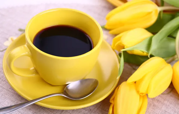 Picture flowers, coffee, Cup, tulips, yellow, flowers, cup, tulips