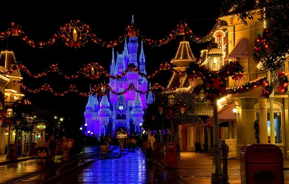 Picture decoration, lights, castle, street, the evening, Christmas, USA, Disneyland