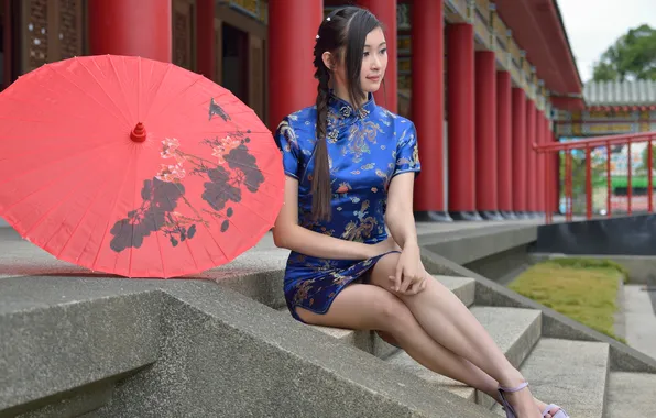 Picture girl, umbrella, dress, braid, legs, Asian