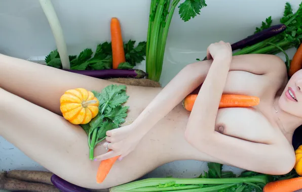 Chest, girl, body, figure, lips, nipples, vegetables, carrots