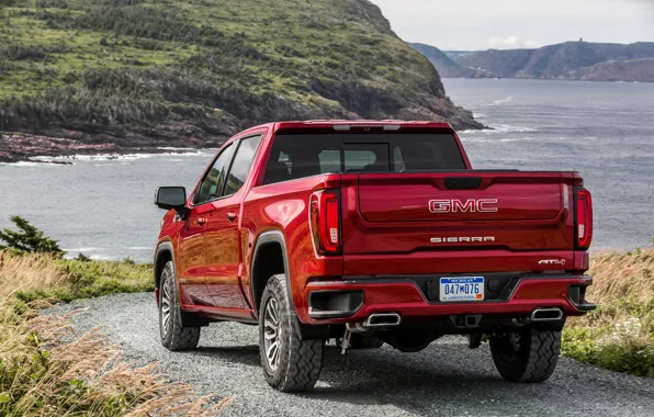 Red, rear view, pickup, GMC, Sierra, AT4, 2019