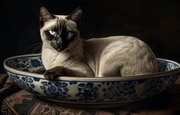 Cat, cat, look, pose, table, plate, lies, bowl